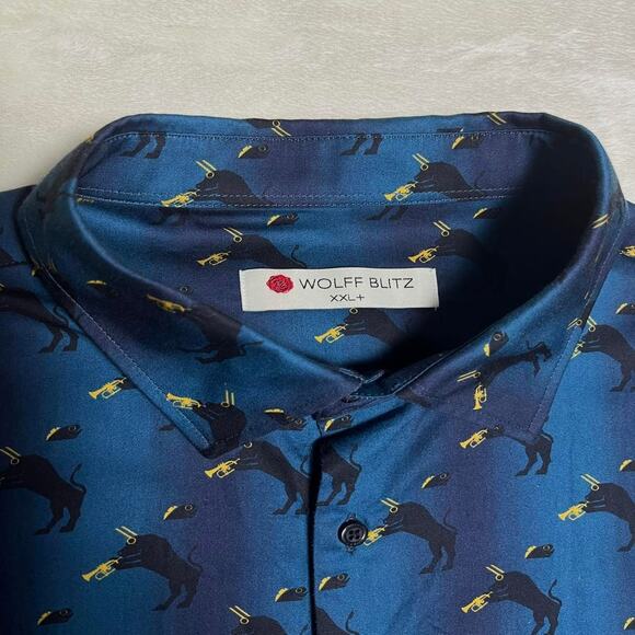 Wolff Blitz Absurd Print Button Up Shirt Men's 2XL German Luxe Bull Trumpet Fish - Picture 3 of 8